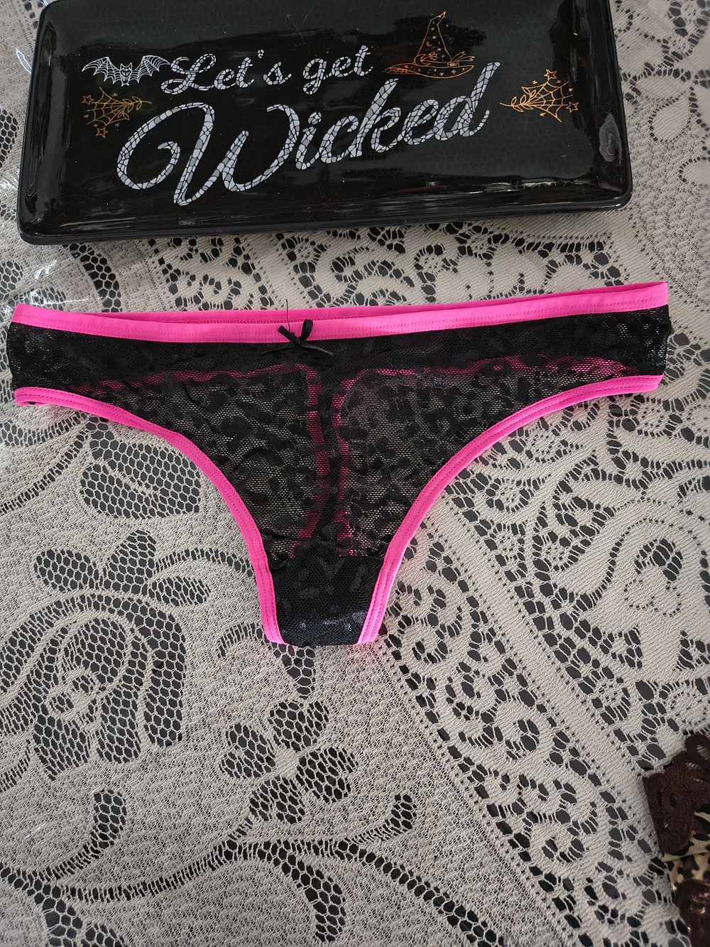 Y2K Retro Black Lace Neon Pink Thong Panty Dancewear Sexy Coquette Lingerie